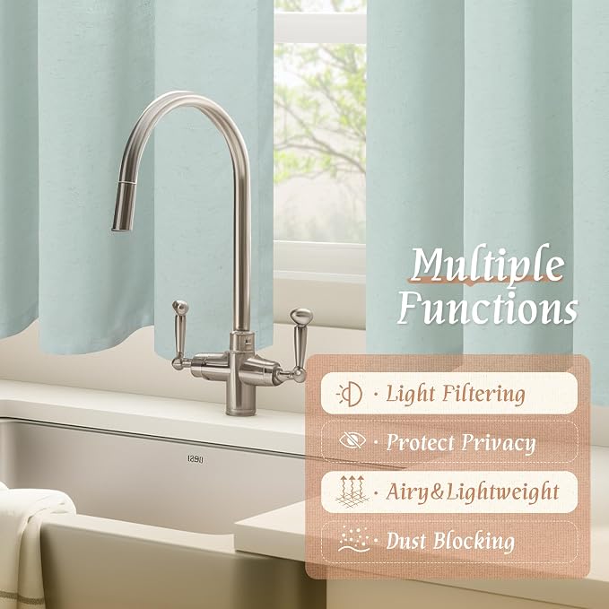 LAMIT 54 Inch Short Window Linen Curtains, Soft Faux Linen Light Filtering Panels Rod Pocket Neutral Drapes for Bedroom/Loft Room, Light Blue, 2 Panels, 42 x 54 Inch