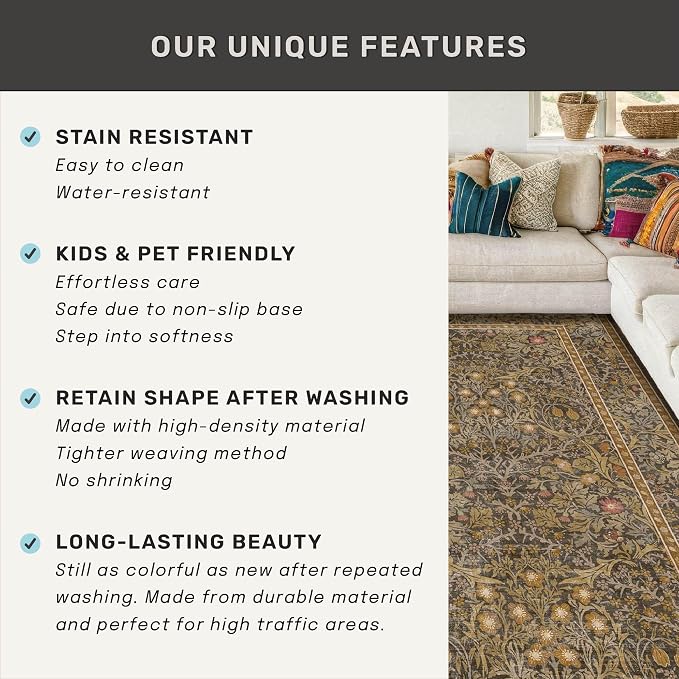 Washable Brown Oriental 5x8 Area Rug for Living Room, Dining Room, Low Pile Non-Slip Floor Carpet for Bedroom - Vintage Floral Design & Stain Resistance