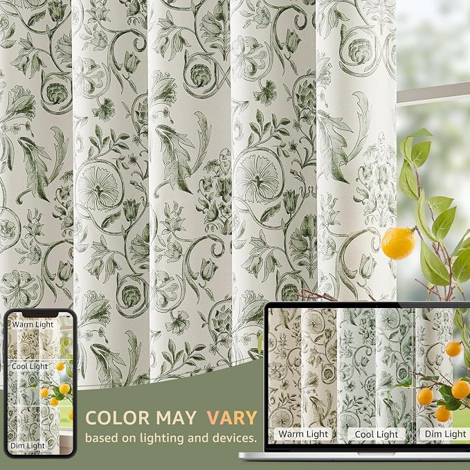 jinchan Green Floral Blackout Curtains 84 Inch Farmhouse Back Tab 2 Panels | Green on beige, room darkening, traditional vintage drapes, bedroom, living room, botanical, flower print, window treatment