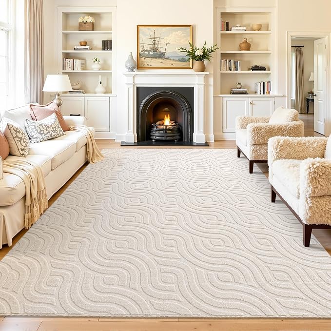 SHACOS 4x6 Soft Area Rugs for Living Room Beige Solid Color Fluffy Rug for Bedroom Non Slip Washable Indoor Mat Floor Carpet for Kids Room Nursery Bathroom, High-Low Pile Boho Modern Rug