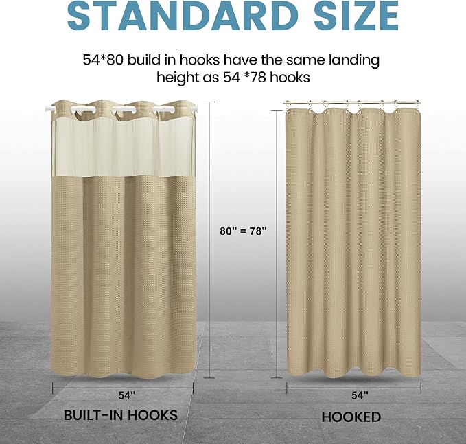 EUTXL Heavyweight Beige Stall No Hook Shower Curtain with Snap in Liner,256GSM Waffle Weave Shower Curtains for Bathroom,54W x 80H