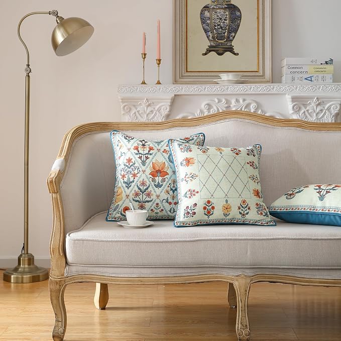 ISAENNE Designer Elegant Linen Throw Pillow Cover,Set of 4-Floralsea Set | French Cottage Pillow Cover,Concealed Zipper,Floral Pattern,Sofas,Bedroom,Living Room,Lounge Chairs,All Season Home Decor