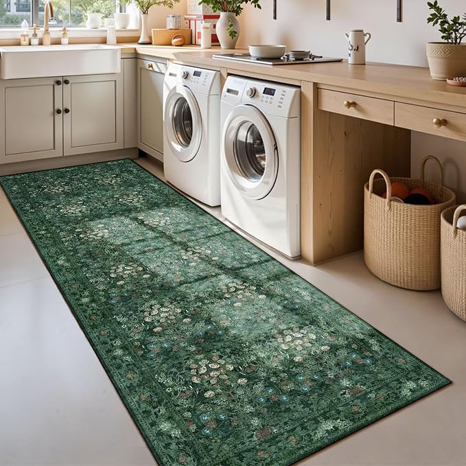 Lunasun Boho Green Long Hallway Runner Rug 2x6 Washable, Farmhouse Floral Botanical Non Skid Kitchen Floor Mat - Vintage Soft Throw Rug for Bathroom, Indoor Entrance, Foyer, Bedroom Bedside, Laundry