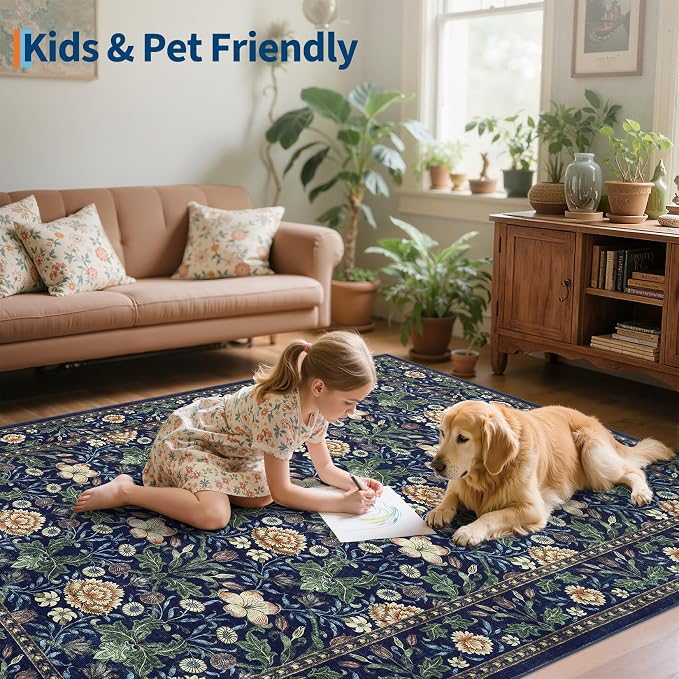 GarveeHome Area Rugs 8x10 for Living Room, Forest Green Floral Large Washable Rug Soft Non Slip Carpet Indoor Thin Accent Rug for Bedroom Dining Room Playroom Nursery Home Decor