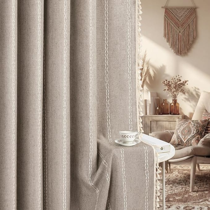 Khaki Brown Boho Blackout Curtains 90 Inches Long Brown Linen Blend 2 Panels with Tassels and Cotton Embroidery, Farmhouse Vintage Rustic Rod Pocket Drapes for Living Room or Bedroom
