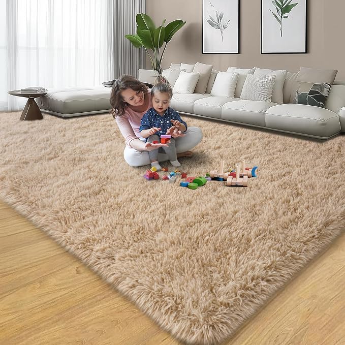 qulint Tan Rug for Living Room, Fluffy Shag 6x9 Area Rug for Bedroom Soft Shaggy Large Carpet for Nursery, Fuzzy Plush Modern Alfombra for Dorm Kid Room Office Home Decor (6ft x 9ft, Light Tan)