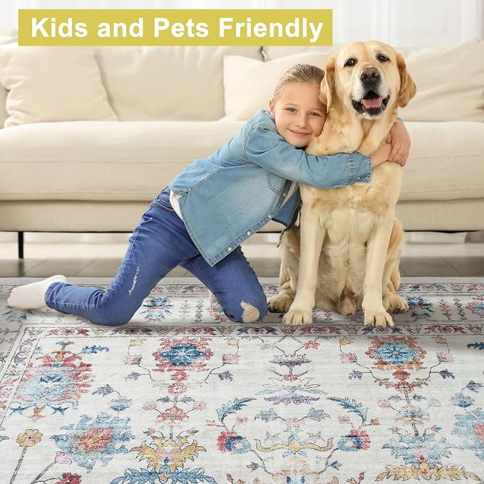 Mandala - Indoor Area Rugs 4x6 Washable, Stain Resistant Machine Washable Rugs for Living Room, Bedroom, and Modern House Décor - Durable Polyester Material, Colorful Patterned - Cream & Multi