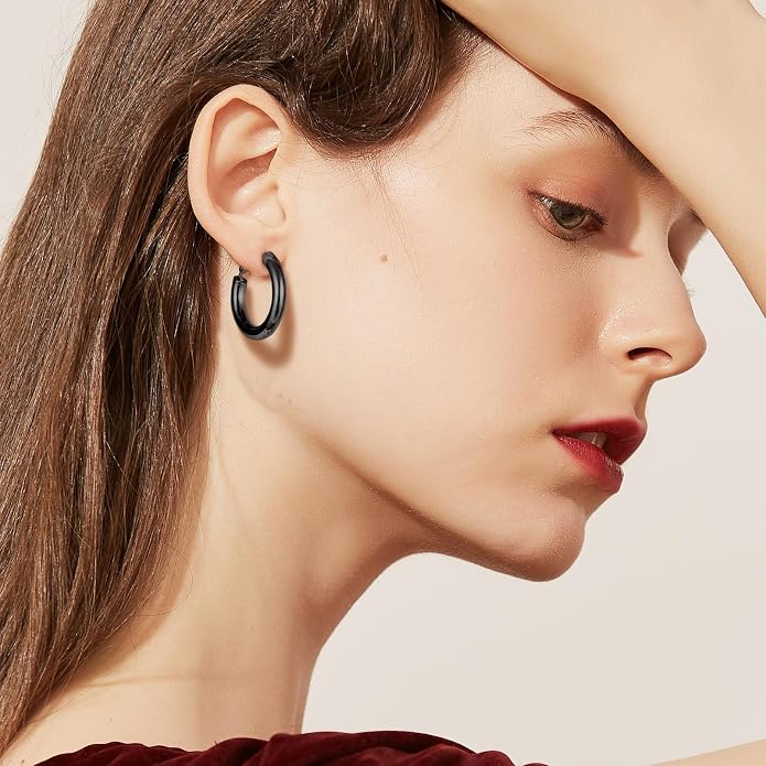 Stainless Steel Chunky Hoop Earrings For Women, Minimalist and Chic, Black/Gold Plated, Round Hoops Earrings Hypoallergenic, Size: 30mm/40mm/60mm/80mm, Come with Box
