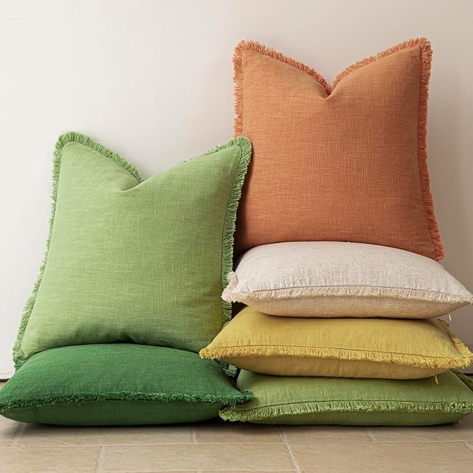 Foindtower Set of 2 Decorative Linen Fringe Lumbar Throw Pillow Covers Boho Farmhouse Cushion Cover with Tassels Soft Accent Pillowcase for Couch Sofa Living Room Home Decor,12×20 Inch,Dusty Orange