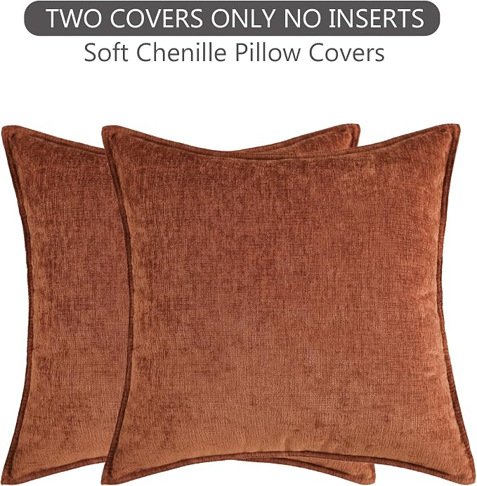 Stellhome Pack of 2 Soft Textured Throw Decorative Pillow Covers Square Accent Solid Chenille Cushion Cover Cozy Farmhouse Pillow Case for Couch Sofa Bedroom Living Room 26x26 Inch, Burnt Orange