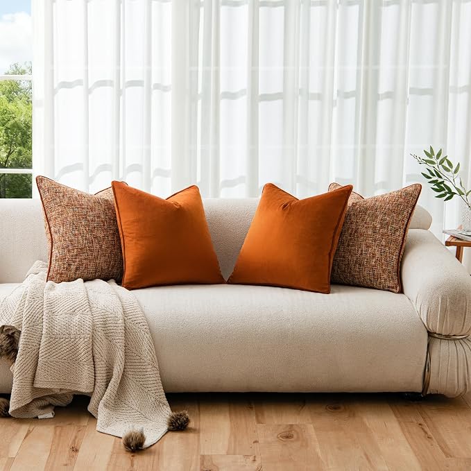 a moment Orange 4 Pack Throw Pillow Covers - Chenille & Velvet Set with Piping, Farmhouse Textured Design Pillow Cases for Couch Sofa Bed Livingroom (16x16 Inch, No Insert)