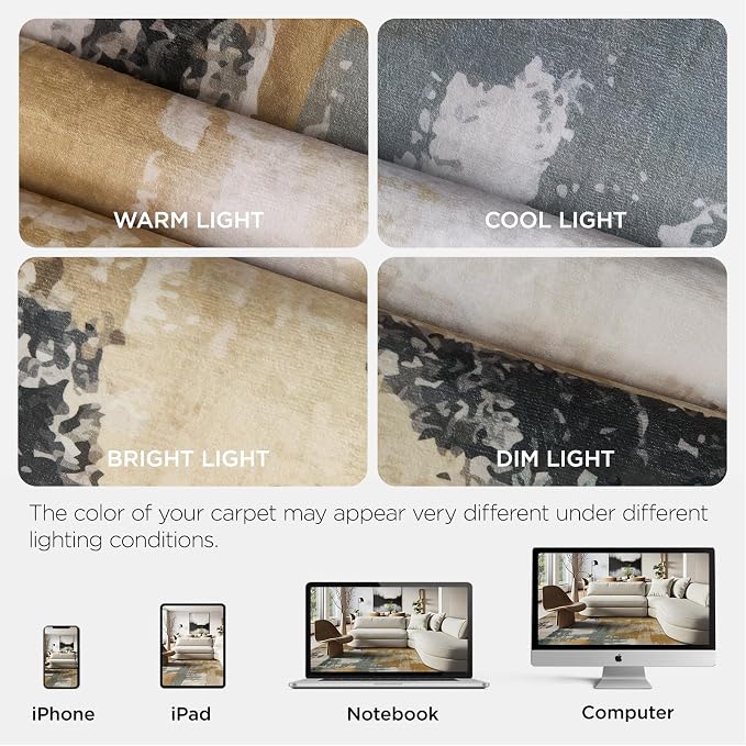 Joydeco 6x9 Area Rugs for Living Room, Non-Slip Modern Abstract Soft Washable Rug, Low Pile Carpet for Bedroom, Dining Room, Home Office, Pet & Child Friendly, White &Beige & Dark Gray