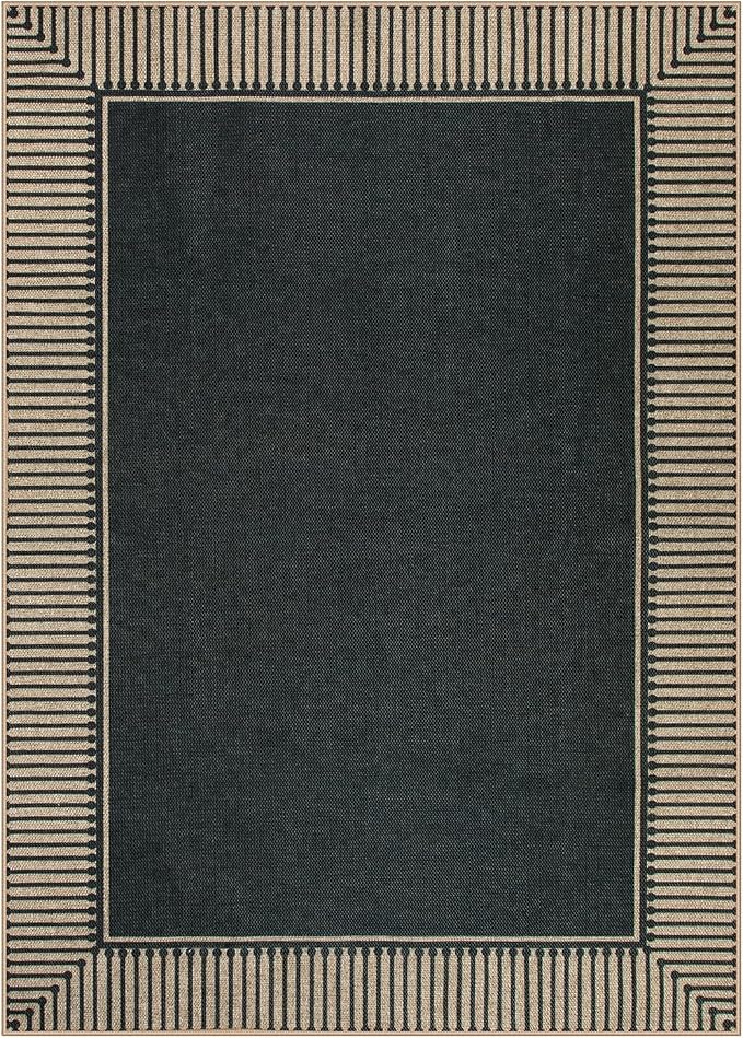 Moynesa Striped Border Easy Jute Outdoor Rug 5x7 Area Rugs for Living Room, Washable Indoor Outdoor Patio Rug Non Slip Low Pile, Black Farmhouse Carpet for Backyard Bedroom Dining Room