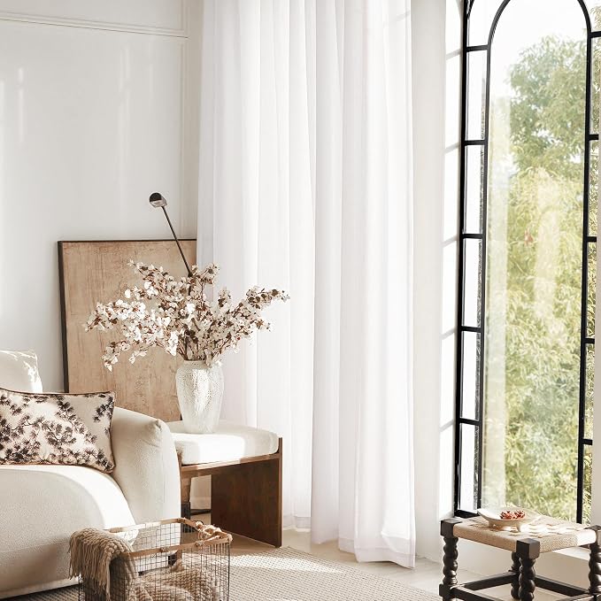 White Curtains 96 Inches Long 2 Panels Back Tab Light Filtering Cotton Textured Curtain Modern Farmhouse Coastal Decor Off White Linen Drapes for Patio Sliding Door Office Bedroom