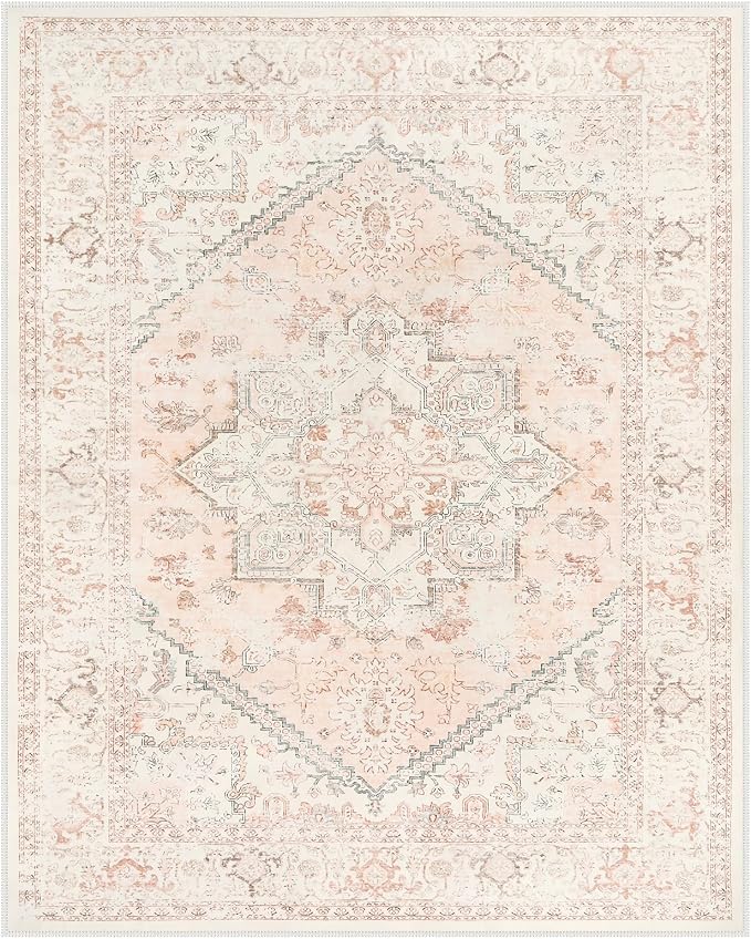 LIVEBOX Pink Area Rug 8x10 - Large Oriental Floral Living Room Rugs Accent Rug for Bedroom, Non-Slip Retro Medallion Carpet Print Distressed Rugs for Dining Room Office (Pink/Peach)