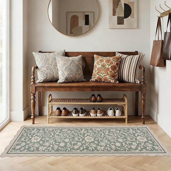 ORTIGIA Scalloped Easy Jute 2x6 Kitchen Runner Rug Vintage Green Floral Farmhouse Washable Rug Non-Slip Outdoor Carpet for Entryway Indoor Hallway Patio Laundry Room