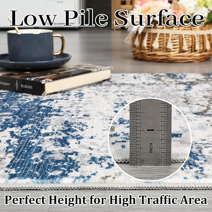 ROYHOME 10x13 Modern Abstract Area Rug Faux Wool Low Pile Ultra Soft Stain Resistant Accent Washable Non Slip Non Shedding Throw Rug for Living Room Bedroom Home Decor, Navy
