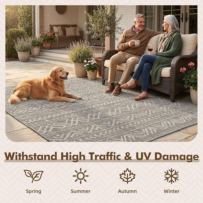 MontVoo-Outdoor Rug-Patio Rug 8x10 Polypropylene Indoor Outdoor Rugs Outdoor Carpet for Patio Deck Balcony Porch, Textured Weave, Durable for High Traffic, Fade-Resistant, Boho Farmhouse Silver Grey