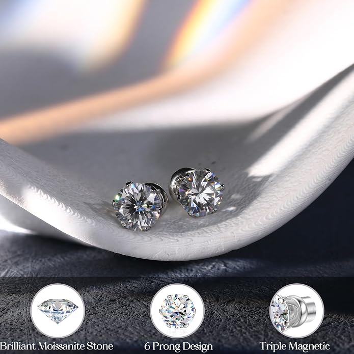 GEMQUEEN Moissanite Magnetic Earrings for Men Women : 18K White Gold Plated Hypoallergenic Stainless Steel Non Piercing Clip on Fake Earrings Studs Dainty Moissanite Earring Jewelry D Color VVS1