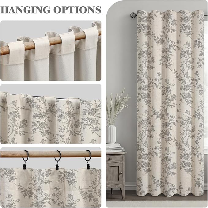 Grey Floral 100% Blackout Curtains for Bedroom 84 Inch Length 2 Panels Set, Linen Texture Farmhouse Curtains for Living Room