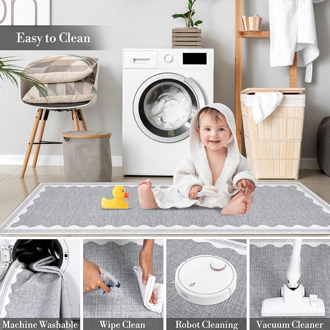 2x3 Scalloped Area Rugs Grey Washable Entryway Bedroom Rug | Solid Small Area Rug Non Slip Scalloped Bath Mat, Front Door Mat Indoor Entrance,Soft Girls Nursery Dorm Carpet for Kitchen