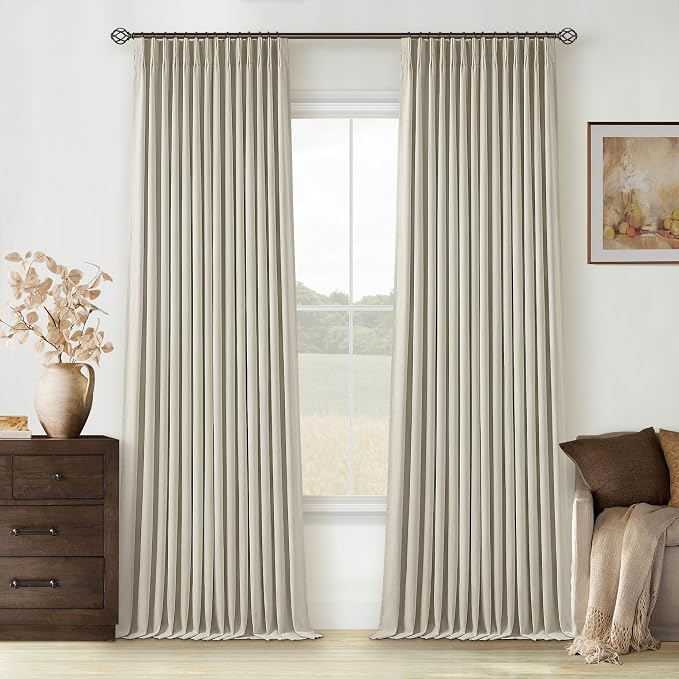 TWODRAPES Oatmeal Pinch Pleated Blackout Linen Curtains 108 Inches Long | Black Out Curtains Lined 2 Layers, Memory Shape Trained, Noise Reducing, Neutral Beige, for Living Dining Room Bedroom Window