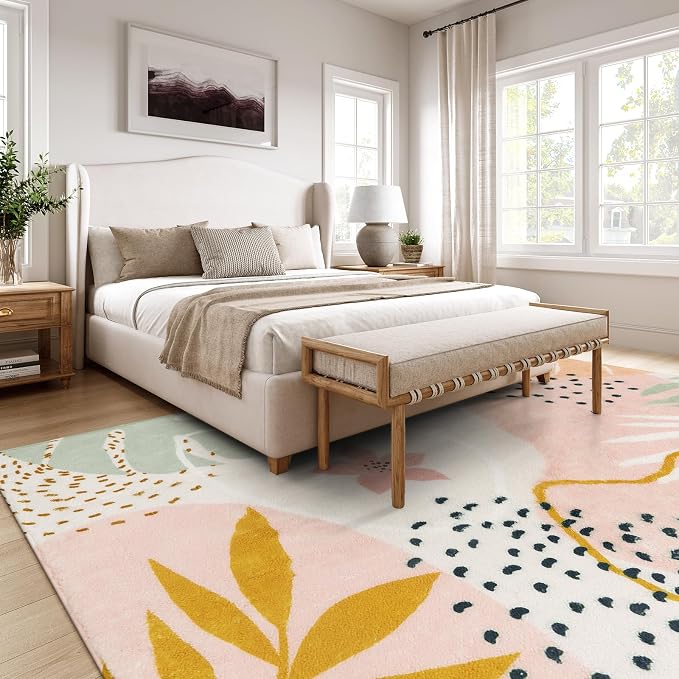 Lahome Pink 10x14 Washable Ultra-Thin Large Area Rug For Living Room, Non Slip Throw Rug For Dining Room, Soft Botanical Print Indoor Rug For Bedroom Office Guest Room