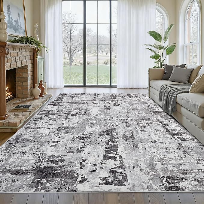 GarveeHome 5x7 Abstract Area Rugs Grey Washable Living Room Bedroom Rug | Large Modern Low Pile Non Slip Floor Mat Carpet Indoor Accent Rug for Dining Room Playroom Nursery Home Decor