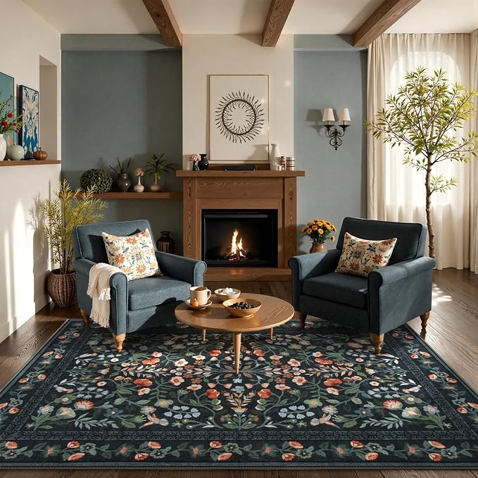 Lahome Black Floral Washable Rug 5x7, Vintage Non Slip Stain Resistant Carpet for Bedroom Kitchen Entryway, Low-Pile Soft Boho Rug for Living Room Office, Machine Washable Home Decor, Black