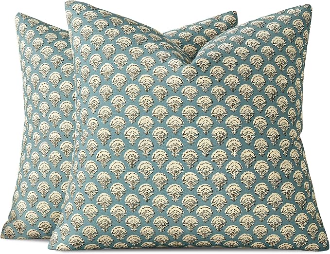 MIULEE Set of 2 Decorative Floral Pillow Covers Neutral Vintage Throw Pillows Block Print Boho Farmhouse Cushion Covers for Modern Spring Home Decor Couch Sofa Bed Living Room, 20x20 Inch, Lake