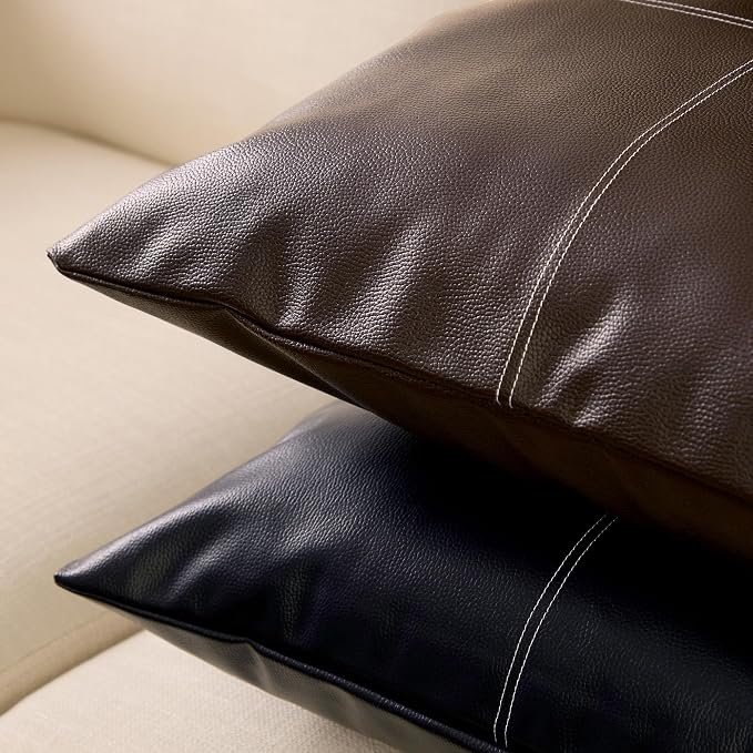 Encasa XO Faux Leather Throw Pillows Covers 20"x20" (Set of 2) | Navy Blue Stitch Decorative Cushion Covers | Modern Farmhouse Pillow Cases for Outdoor, Living Room, Bedroom, Couch, Sofa