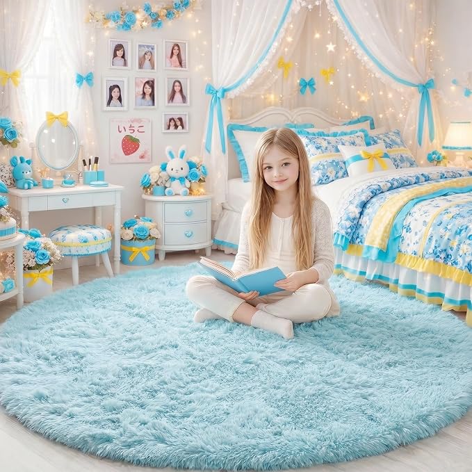 Amdrebio Light Blue Round Area Rug 4Ft for Kids Bedroom, Soft Fluffy Circle Rugs for Teen Boys Girls, Cute Decor Aesthetic, Plush Shaggy Fuzzy Baby Sky Blue Carpet for Nursery Classroom Preppy Dorm
