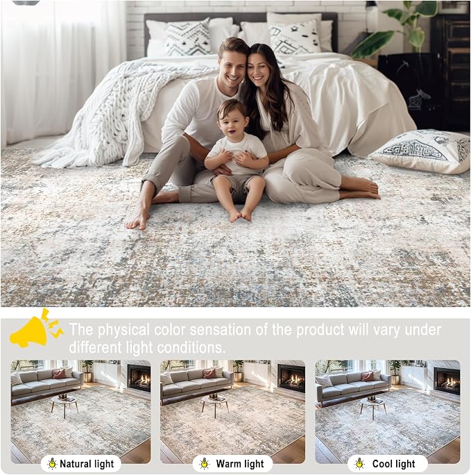 Area Rugs Living Room Rug - 5x7 Washable Modern Abstract Soft Neutral Non-Slip Carpet Large Indoor Floor Stain Resistant Thin Carpets for Bedroom Dining Room Farmhouse Nursery Home Office Brown Grey