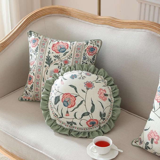 ISAENNE Designer Linen Throw Pillow Cover,Set of 2,Diameter 16"-Daffy A | Vintage French Elegant Round Pillow Cover,Concealed Zipper Design,Floral Pattern,Sofa,Bedroom,Living Room,Lounge Chairs