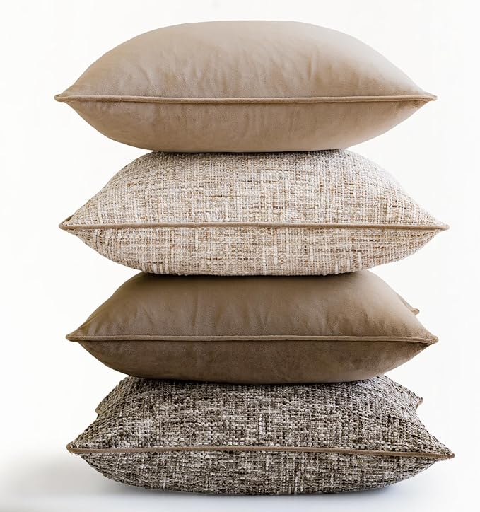 a moment Neutral Khaki Brown 4 Pack Throw Pillow Covers - Chenille & Velvet Set with Piping, Farmhouse Textured Design Pillow Cases for Couch Sofa Bed Livingroom (18x18 Inch, No Insert)