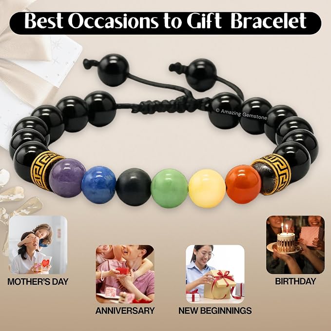 Amazing Gemstone Chakra Black Obsidian Bracelet, Gifts for Men & Women - Protection Healing Crystal Bracelet - 8mm Gemstone Beaded Adjustable Bracelet, Pulseras para Hombres Mujer Stocking Stuffers