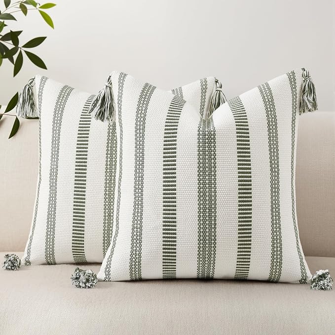 Smile Bee Boho Outdoor Couch Throw Pillow Covers Set of 2 Decorative Thick Woven Striped Accent Neutral Pillow Covers with Tassels for Bed Sofa Home Decor 18x18 Inch, Olive Green and Cream White | Woven Cozy Boho Decorative Modern Farmhouse Accent Pill...