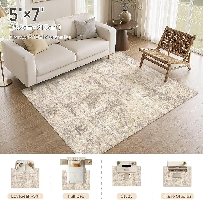 cotiled Washable Area Rug 5x7, Non-Slip Soft Neutral Rug for Living Room | Modern Abstract Carpet, Stain Resistant and Kid & Pet Friendly, Ideal For Bedroom, Dining Room, Nursery, Home Office - Beige