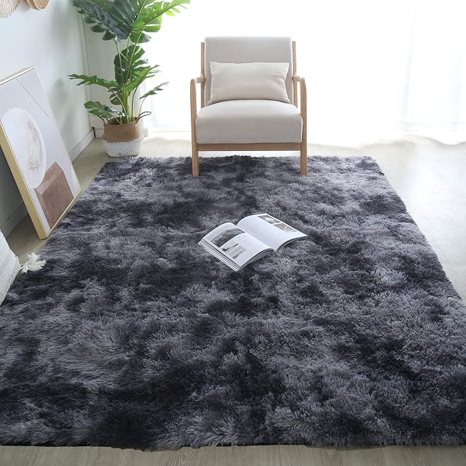 CAIYUECS Shag Area Rug,Indoor Ultra Soft Fluffy Plush Rugs for Bedroom Living Room, Non-Skid Modern Nursery Faux Fur Rugs for Kids Room Home Decor (Tie-Dyed Dark Gray, 4x6 Feet) | Ultra Soft Shag Microfiber Memory Foam Cushioning For Cloud-Like Barefoo...