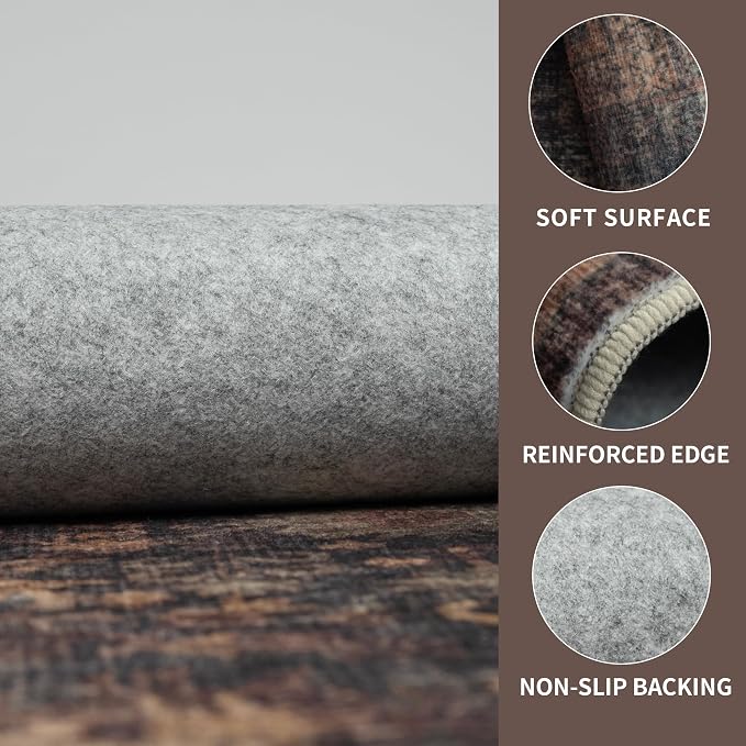 8x10 Vintage Washable Area Rug, Bordeaux Brown | Living Room,Low Pile Non Slip Carpet Non-Shedding Large Soft Indoor Stain Resistant Floral Print Mat for Bedroom Dining Room