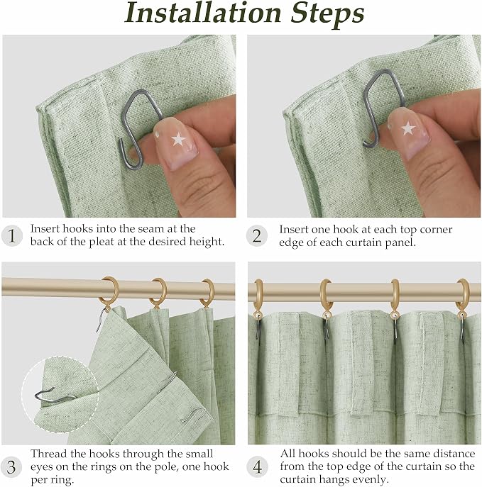 Aersas Mist Sage Pinch Pleated Linen Curtains 96 Inch Length 2 Panels for Living Room Bedroom Semi Sheer Window Curtain Boho Neutral Back Tab Pinch Pleat Drape with Hooks 40x96