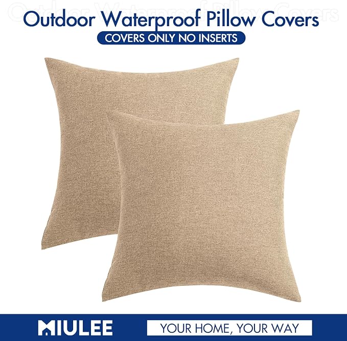 MIULEE Pack of 2 Decorative Outdoor Solid Waterproof Throw Pillow Covers Faux Linen Garden Farmhouse Cushion Cases for Patio Tent Balcony Couch Sofa 18x18 Inch Light Tan