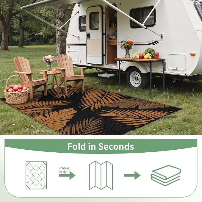 GENIMO Outdoor Rug, Waterproof Plastic Rugs for Patio, 6'x9' Orange Black | Outside Larger Leaf Carpet Mat for Porch Decor, Deck, Balcony, Camping, RV, Backyard, Picnic, Beach, Reversible, Foldable