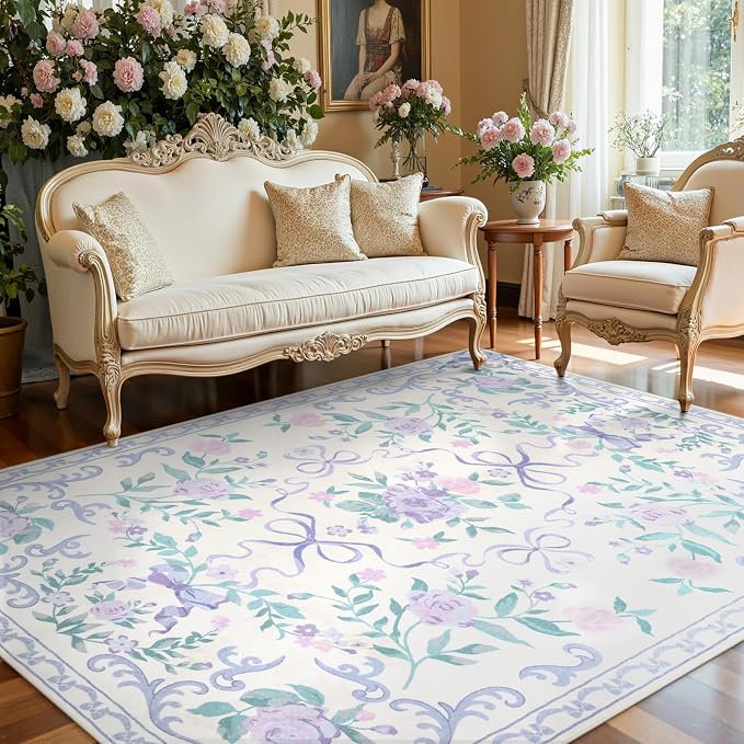 Collive Purple 8X10 Rugs for Living Room, 8x10 Bow and Floral Washable Area Rug Non Slip, Soft Boho Indoor Decor Elegant Carpet for Bedroom Kids Room Nursery Dining Room