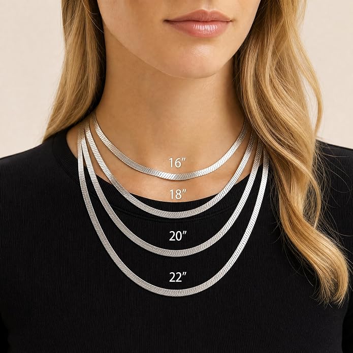 14K Gold/Silver Plated Stainless Steel Herringbone Necklace for Women, Dainty Snake Chain Choker, Trendy Simple Long Layered Jewelry, Non Tarnish 4mm Flexible Flat Necklace, Made in Italy