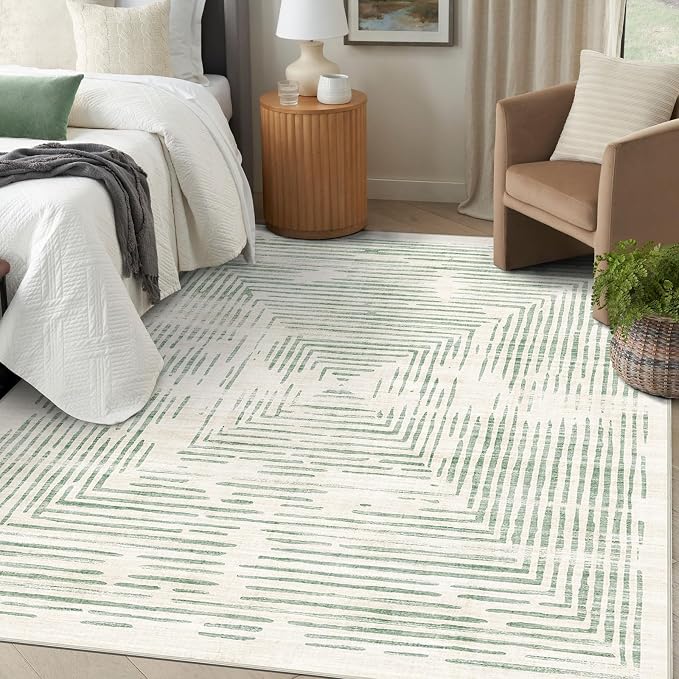 BLISSA 8x10 Area Rugs for Living Room - Soft Large Washable Geometric Sage Green Lines Borderd Modern Abstract Bedroom Rug Striped Contemporary Carpet for Nursery Dining Room Home Office Decor