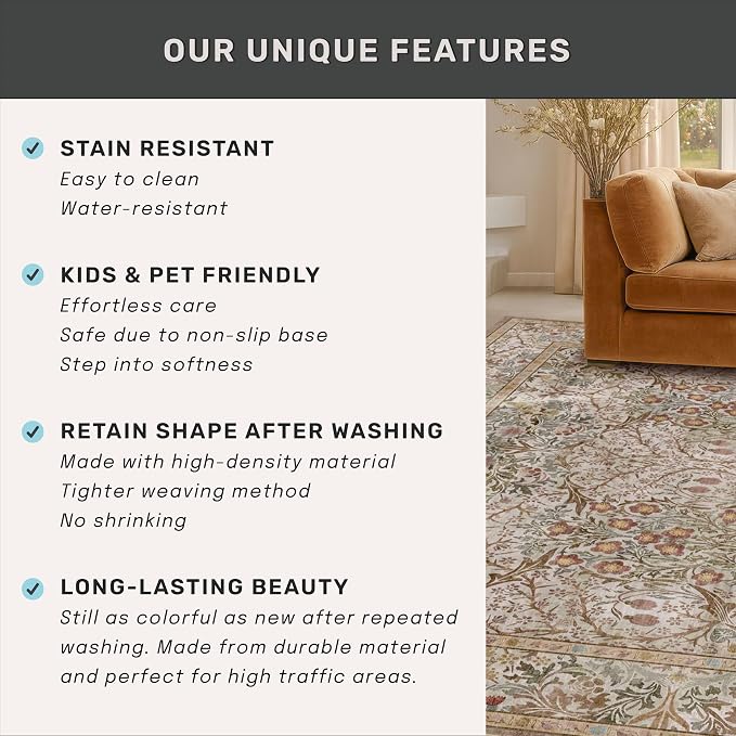 5x7 Washable Moss Green Oriental Area Rug for Living Room - Dining Room Rugs for Under Table, Home Office, Low Pile Non-Slip Floor Carpet for Bedroom - Vintage Brown Design & Stain Resistance Carpet
