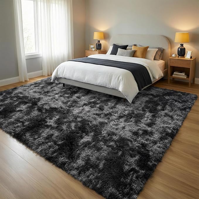 Fluffy 5x7 Area Rugs for Bedroom: Tie-dye Dark Grey Soft Shag Rug for Living Room, Large Fuzzy Plush Indoor Floor Carpet Non Slip Modern Rug for Nursery Boys Girls Kids Room Playroom Dorms Home Decor
