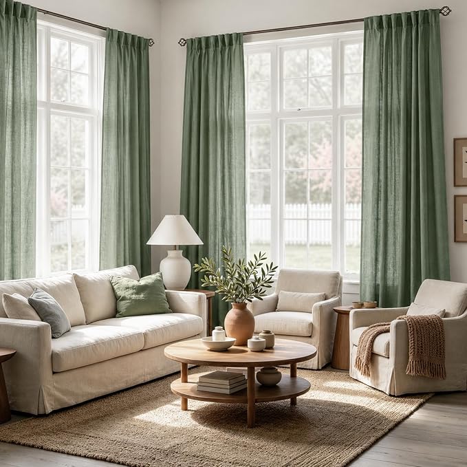 Linen Blend Olive Green Curtains 92 inch Length 2 Panels for Bedroom Back Tab Light Filtering Semi Sheer Drapes Linen Cotton Textured Loden Green Airy Modern Farmhouse Living Room Sage Aesthetic Decor