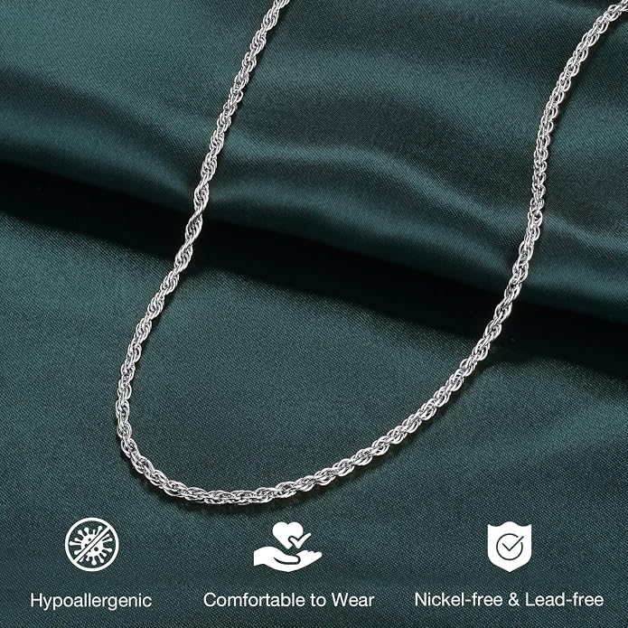 Jewlpire 925 Sterling Silver Plated Rope/Cuban/Paperclip/Herringbone Chain Necklaces for Women, 18K Gold Plated Chain Necklace,Hypoallergenic Women's Chain Necklaces 16+3 Inch